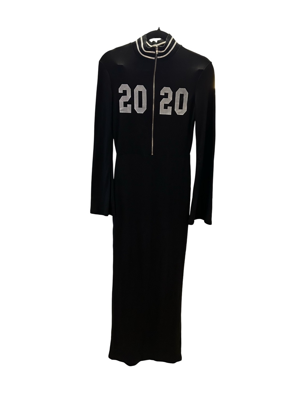 Fashion Nova Black Zip-Front Long Sleeve Maxi Dress with White '20' Graphic